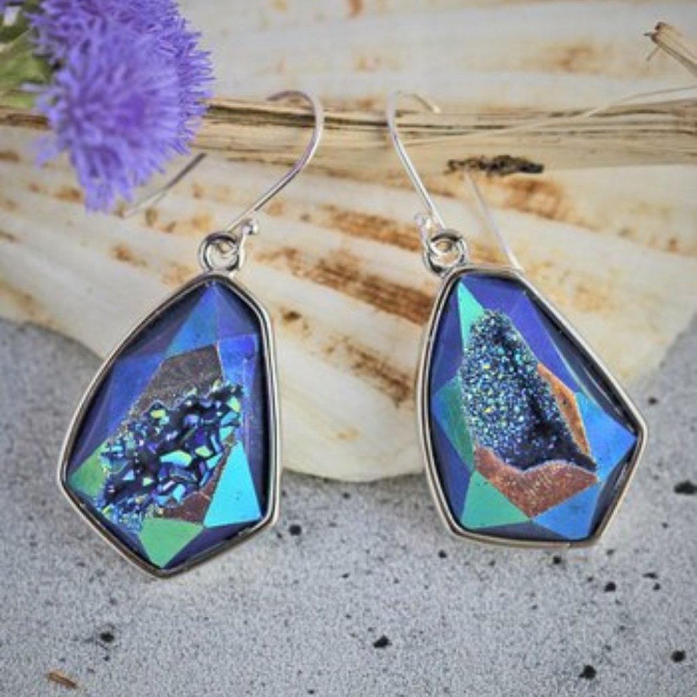 Royal Blue Drusy & Sterling Silver Drop Earrings